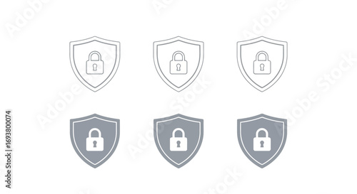 Vector illustration of six shield icons with padlock symbol, three outlined and three filled grey