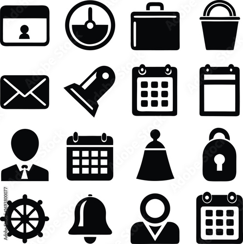 Collection of modern flat icons for business and daily life featuring calendars mail briefcase and security lock symbols