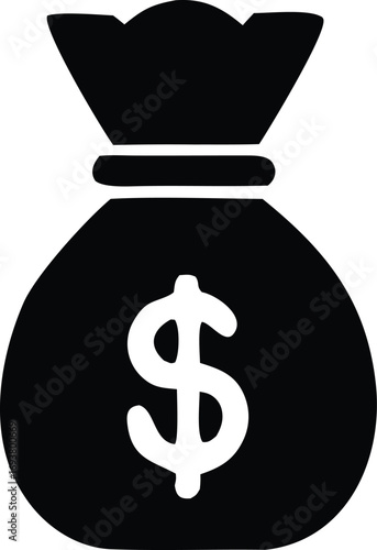 Simple silhouette icon of a money bag with a dollar sign represents wealth finance and investment opportunities