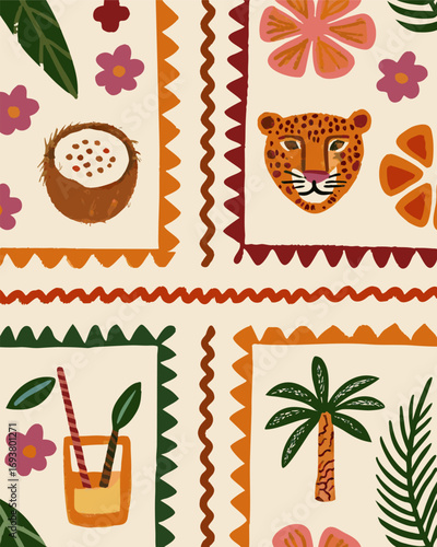 Tropical Pattern with Animals and Drinks, Perfect for Fabrics and Home Decor. A vibrant and playful repeating pattern featuring coconuts, tropical drinks, leopard heads, palm trees, and flowers.