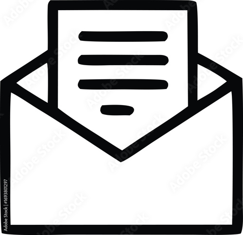 Simple hand-drawn icon of an open envelope revealing a document with text inside symbolizing communication and messaging