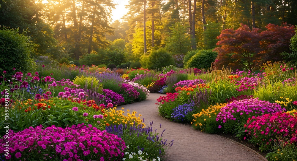 Fototapeta premium Enchanting Garden Path at Sunset with Vibrant Flowers and Lush Greenery Creating a Serene Atmosphere