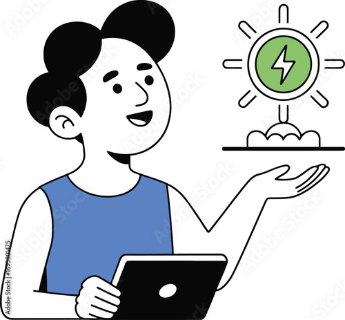 Person holding tablet launching renewable energy concept with success