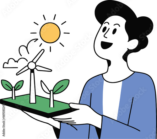 Person holding renewable energy concept with wind turbine, plants, and sun above