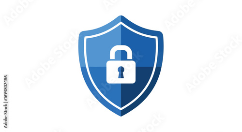 Vector illustration of blue shield with a white padlock icon symbolizing security and protection