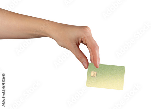 Hand holding a green gradient bank card with a chip. Concept of cashless payments, banking, finance,