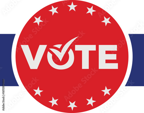 Vote logo design vector, political election badge with red circle, white stars and check mark, modern campaign emblem for democracy, awareness, banner, flyer, and poster