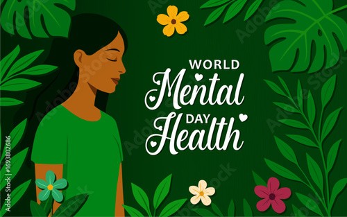 World Mental Health Day Vector Illustration on October 10 featuring Mental Health Awareness a Symbol with a beautiful woman closing her eyes and Flowers in a Flat Background