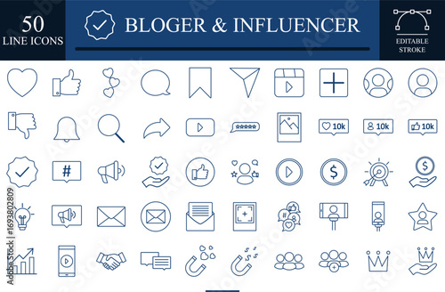 Set of 50 blogger and influencer line icons with thin lines and editable stroke. Vlogging, Blog, Blogger, Influencer and video equipment. 