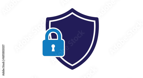 Vector illustration of blue shield with a padlock icon representing security and protection