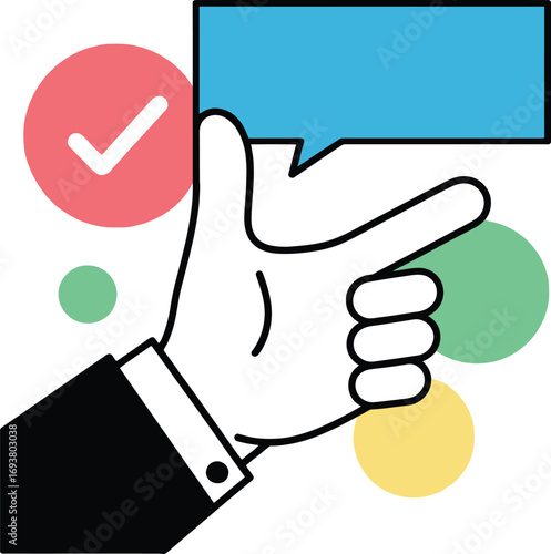 Businessperson's hand holds speech bubble with checkmark symbolizing approval and feedback
