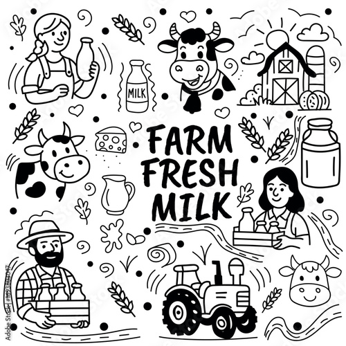 Farm Fresh Milk Products from Dairy Farms Featuring Cows, Farmers, and Pastoral Scenes