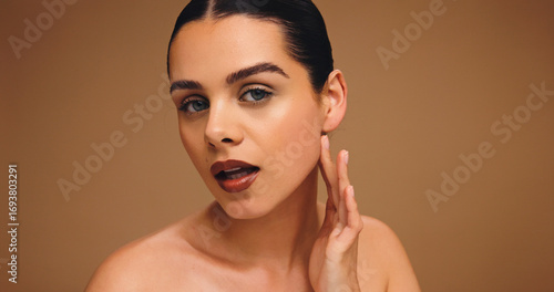 Fotografija Cosmetology, makeup portrait and girl in studio with flawless complexion, cosmetics and lipstick