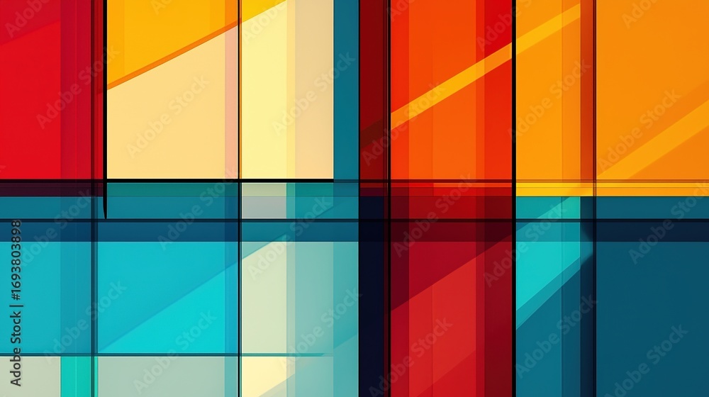 Fototapeta premium A vibrant abstract composition featuring intersecting lines and a bold color palette of reds, yellows, blues, and oranges.