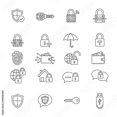 Vector illustration of collection of security and protection icons, including locks, shields, keys, fingerprint, and usb drive