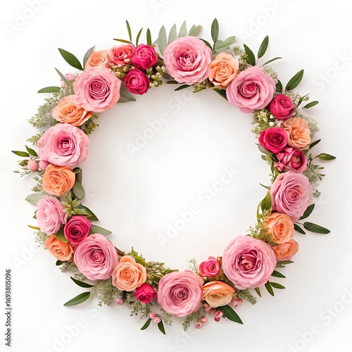 A beautiful floral wreath made of pink and peach roses and green leaves, isolated on white background
