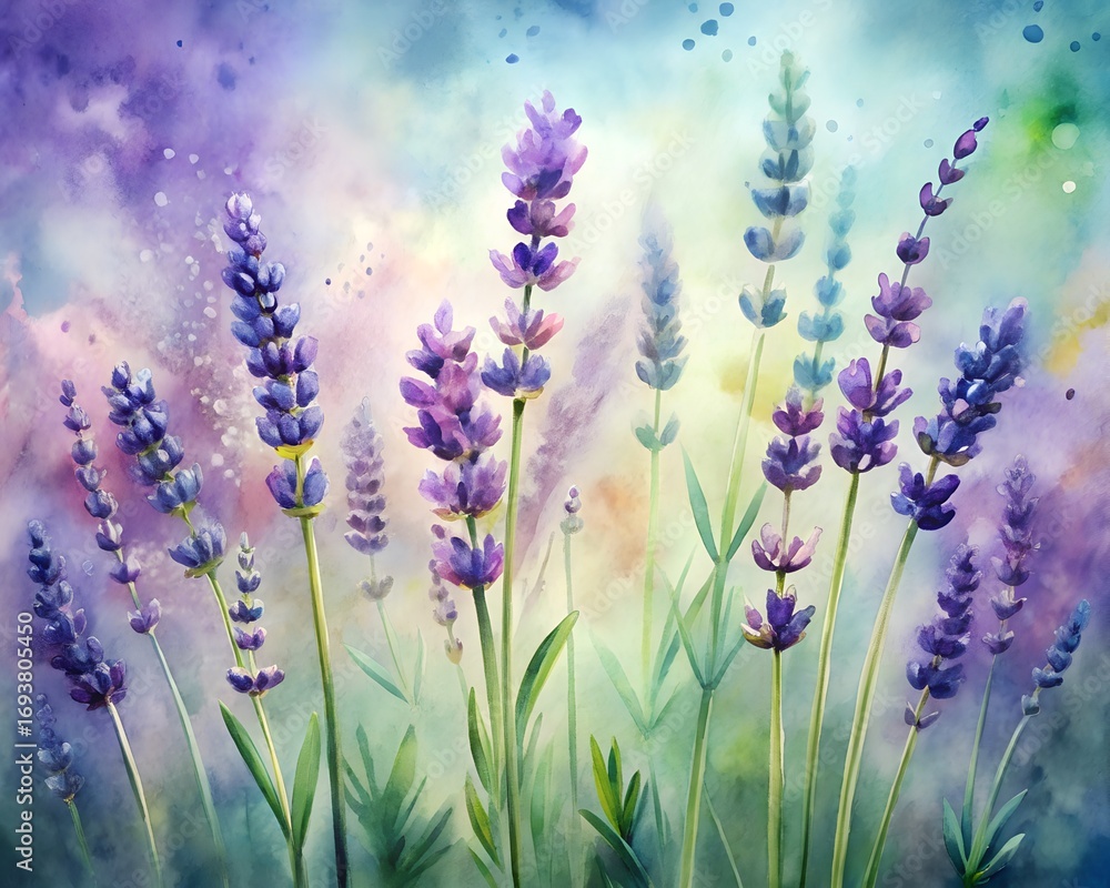 Naklejka premium Watercolor painting of lavender flowers in a field with a soft, colorful, abstract background