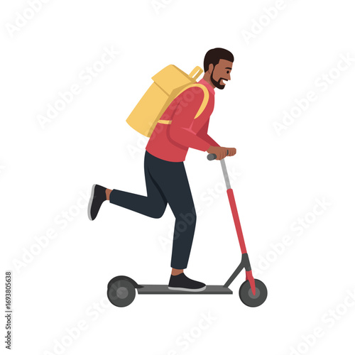 Young man riding a kick scooter with a yellow backpack, representing urban mobility. Flat vector illustration isolated on white background