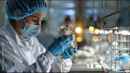 Young female scientist in protective gear performs precise biomedical research on laboratory rat in a modern, well-equipped facility