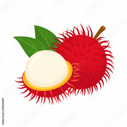 Fresh rambutan fruit with leaves, vibrant red and white.
