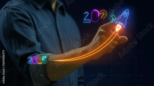 Wallpaper Mural A businessman points to 2026 with a rocket flying from 2025. This animated video represents business growth, future planning, and achieving new corporate goals. Torontodigital.ca