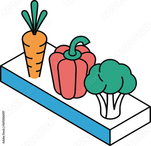 Vibrant fresh vegetables carrot pepper broccoli on modern display stand