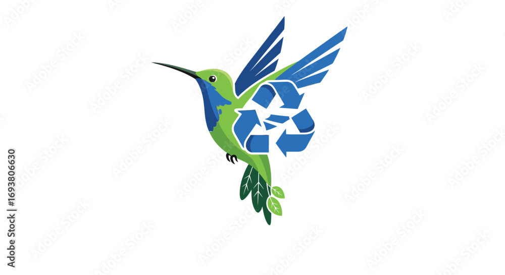 Obraz premium Vector art of hummingbird with recycling symbol, a symbol of environmental protection and sustainability efforts