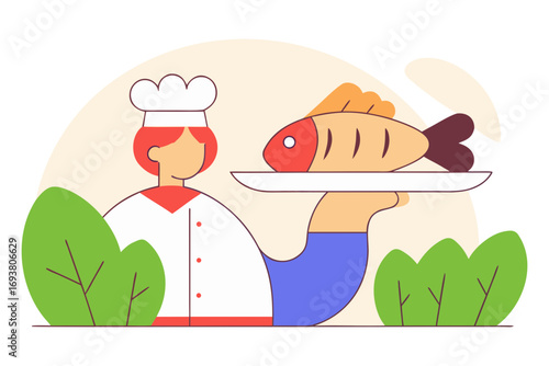Chef presenting a cooked fish dish isolated on transparent background