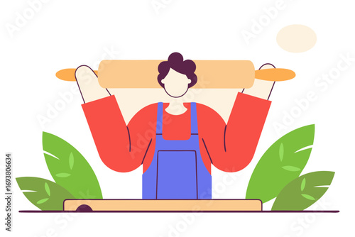 Baker rolling dough with rolling pin isolated on transparent background