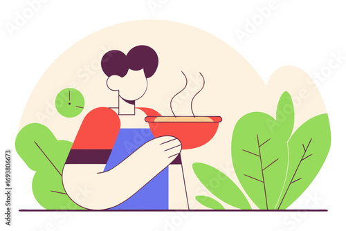 Person holding a bowl of hot soup isolated on transparent background