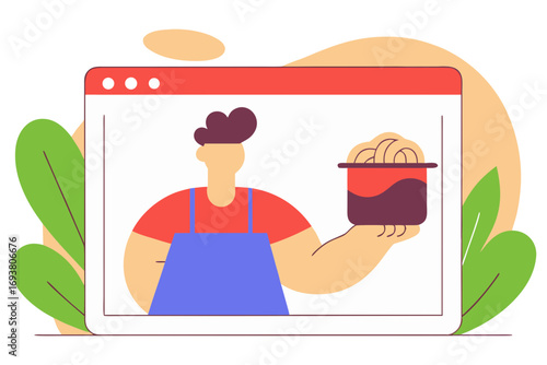Chef holding a pot of noodles on a computer screen isolated on transparent background
