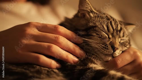A person enjoys a tranquil evening while cradling a sweet cat in their arms. The warm ambiance and gentle purring create a perfect moment of comfort and love.