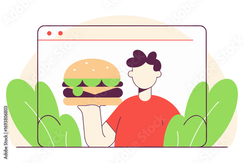 Man holding a burger in a browser window isolated on transparent background