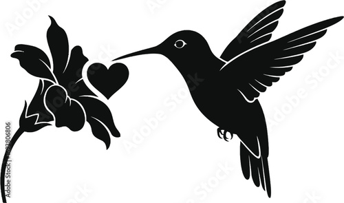 Vector art of silhouette of a hummingbird with a heartshaped flower, symbolizing love and natures beauty