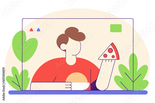 Person eating pizza and salad isolated on transparent background