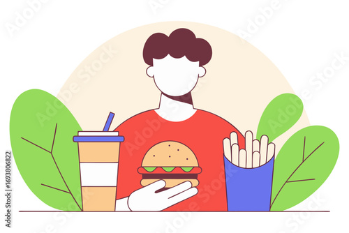 Person holding a burger with fries and a drink isolated on transparent background