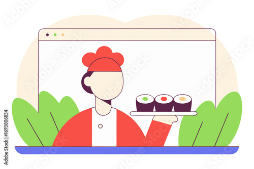 Chef serving sushi rolls isolated on transparent background
