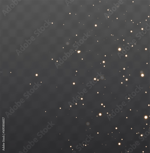 Christmas background with powder dust light in PNG format. Magical shining gold dust with fine, shimmering bokeh particles gently falling. Features a fantastic shimmer effect. 