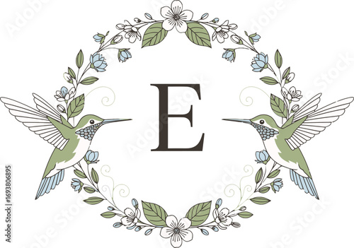 Vector art of elegant letter e encircled by floral wreath and hummingbirds, perfect for personalized stationery