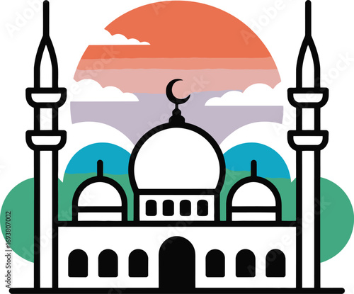 Stunning mosque illustration with vibrant sunset and crescent moon symbol