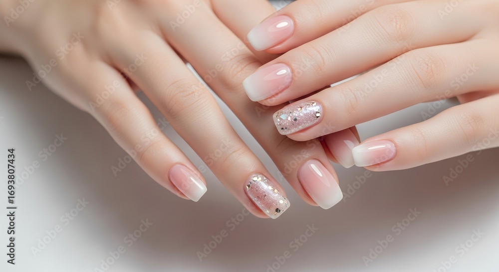 Fototapeta premium Closeup of female hands displaying elegant ombre and glitter french manicure with delicate pink and white shades nails beauty polish nail art design glamorous fashion spa woman pedicure