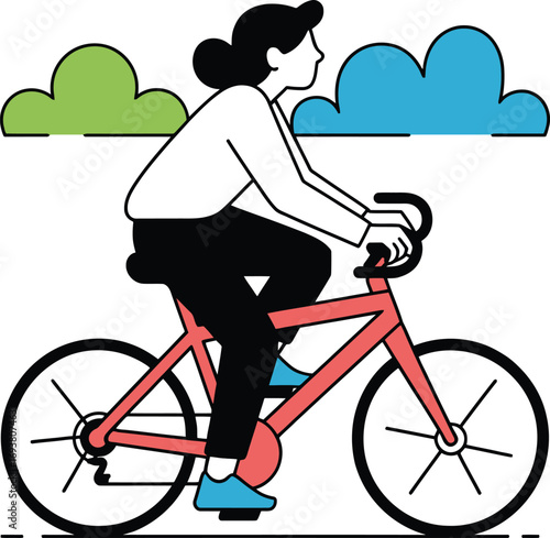 Woman enjoys a vibrant bicycle ride through stylized clouds, promoting healthy life