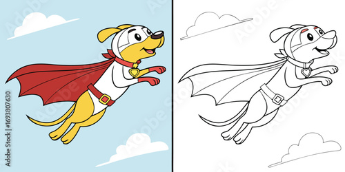 Cartoon dog superhero flying with red cape and mask