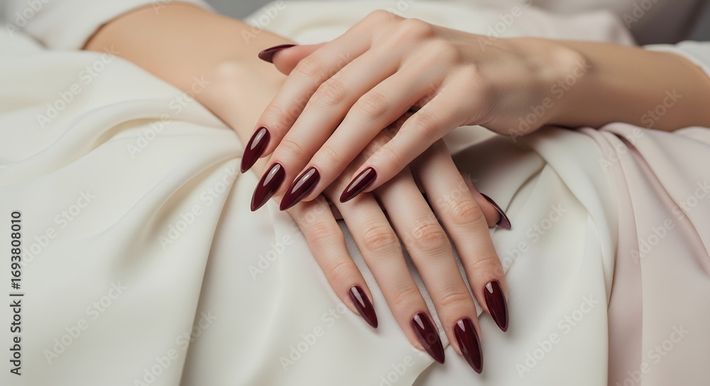 Fototapeta premium Elegant female hands with long stiletto shaped dark burgundy polished fingernails resting on flowing satin fabric manicure beauty fashion glamour style cosmetic care soft silk texture
