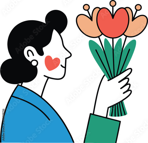 Joyful woman receives a vibrant bouquet of flowers, spreading happiness and love
