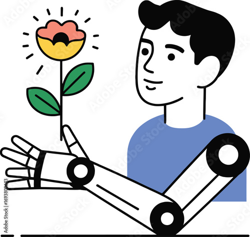 Man with robot arm nurtures a blooming flower symbolizing innovation and growth