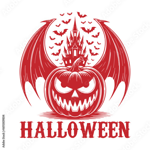 Spooky Halloween pumpkin castle wings bats t-shirt design for Halloween celebrations