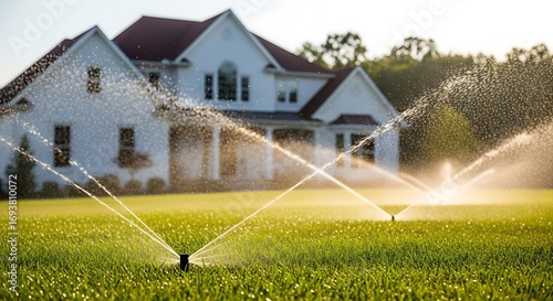 Lawn sprinklers watering grass in front of white house