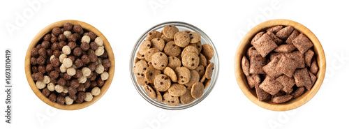 Assorted breakfast cereal piles isolated. Corn flakes mix, various granola food