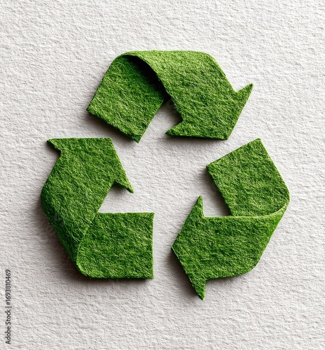 A textured green recycling symbol on a white background